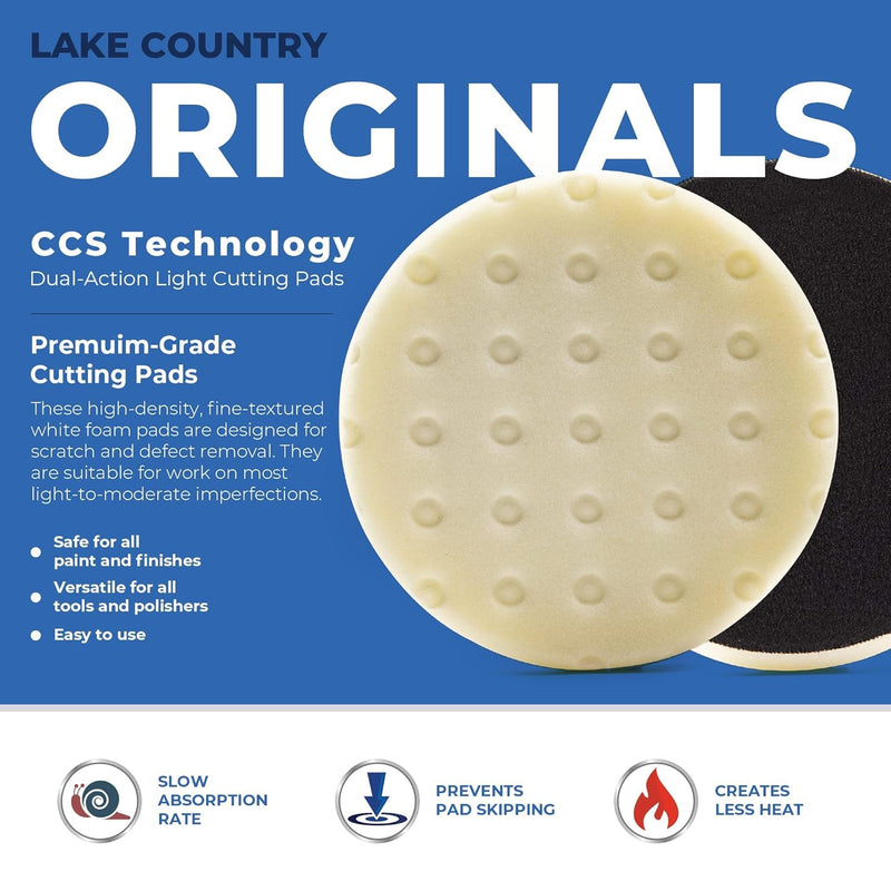 5.5" CCS White Polishing Foam pad (Pack of 2). Lake Country Original CCS White Polishing pad Safe for All finishes and Painted Surfaces. Fits 5" Backing Plate.