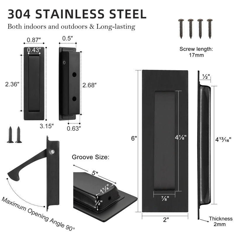 Stainless Steel Pocket Door Pull and Edge Pull Set, Pocket Door Hardware Recessed Sliding Barn Door Handle Rectangular Finger Flush Pull (Matte Black, 3 Pack) 3 Pack (Pocket Door Pull Set) Matte Black (Set)
