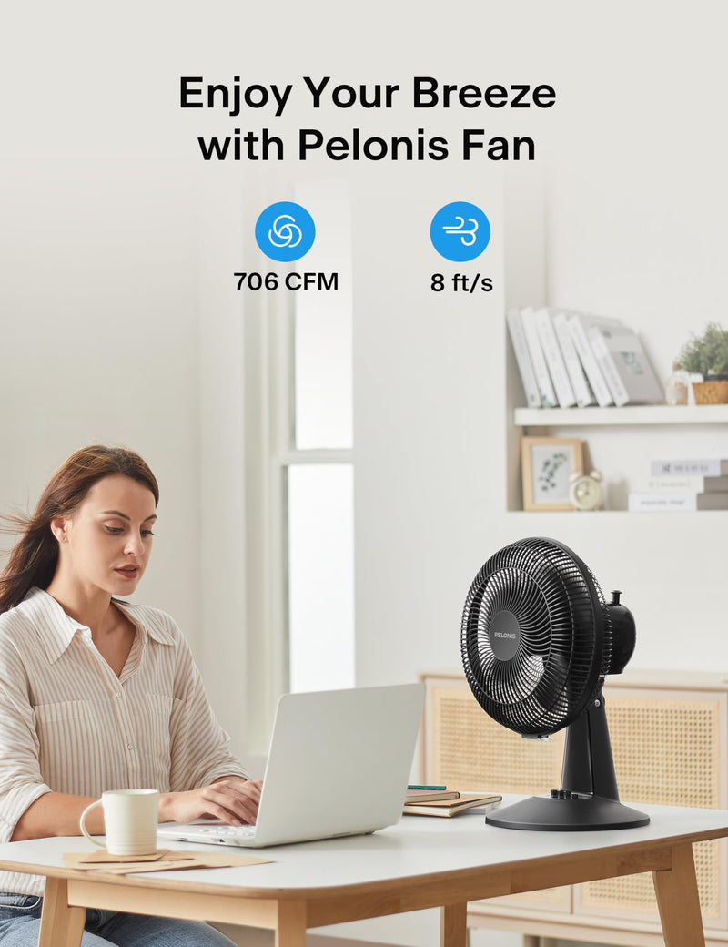PELONIS Table Fan 12-Inch, 120° Oscillating Table Fan Small Portable Electric Plug-In Desk Fan with 3-Speeds, 126° Adjustable Tilt Head for Bedroom and Office Black 9 inch Table Fan