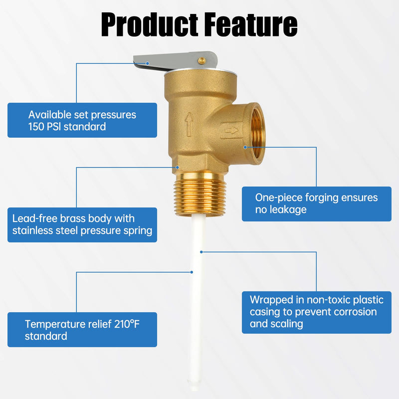 210°F 150 Psi Temperature and Pressure Relief Valve Automatic with Extension Probe and Lever, 3/4"NPT Pressure Relief Valve, All Brass Body, CSA LISTED