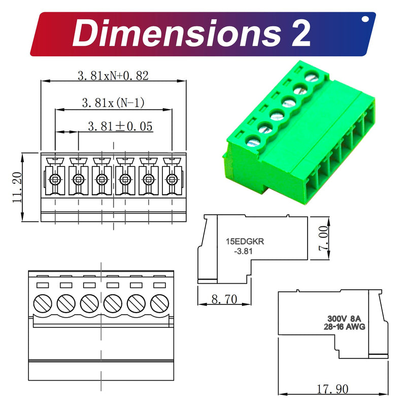 Tcenofoxy 3.81mm Male & Female 2/3/4/5/6/7/8/9/10/11/12/13/14/15/16/18/20/24 Pin Phoenix Connector No Soldering Green PCB Screw Terminal Block Connector (2Sets 3.81MF-6Pin) 3.81MM-6P-2Sets