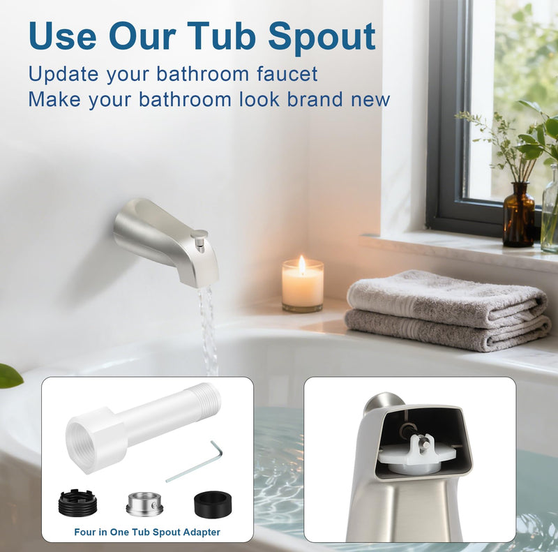 Universal Tub Spout for 1/2" Copper Pipe, 1/2" IPS and 3/4" IPS, Bathtub Faucet with Diverter and Adapter and Hex Wrench (Brushed Nickel) Brushed Nickel
