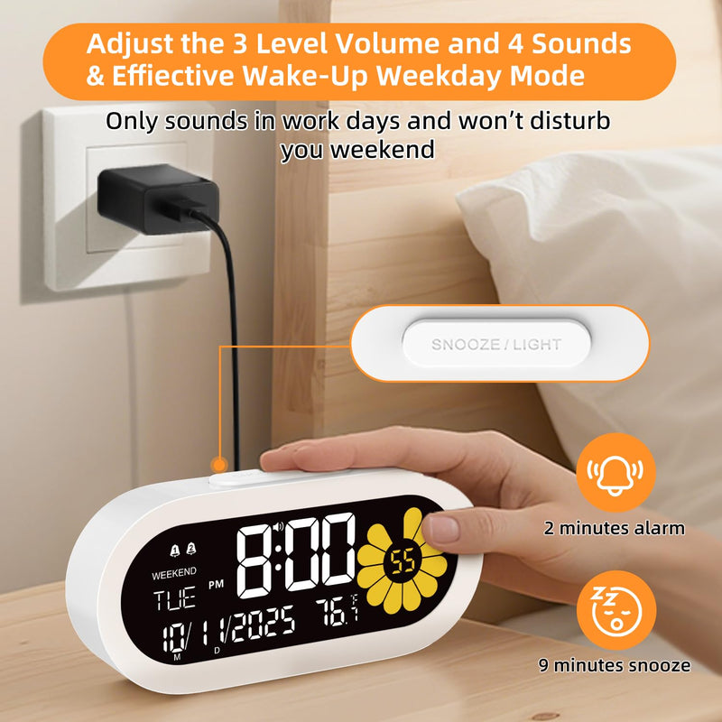 DOOMAY Digital Alarm Clock for Bedroom: Dual Alarm Bedside Clock VA LCD Display with Seconds, 9-Minute Snooze and Weekend Mode, 3 Brightness, 4 Alarms and 3 Volume Levels，Type C & Battery Included White