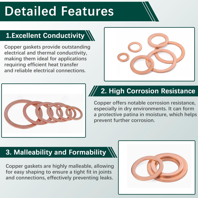 350 PCS, Premium Copper Metric Sealing Crush Washers Assortment Kit, Enhanced Flat Ring Oil Drain Plug Crush Washer Gasket Seal Set, Banjo Bolt Washers for Automotive, Motorcycles （10 Size） Copper Washers - Metric - 350 Pcs
