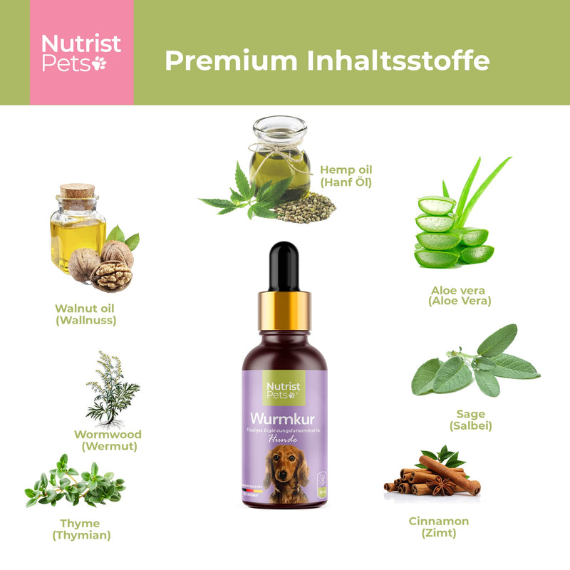 nutrist New: Natural worm treatment alternative - Vegan liquid made from herbs for the stomach and intestines in case of worm infestation - Perfect as a worm treatment for dogs - Ideal for deworming - 50ml - PawsPlanet Australia
