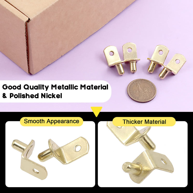 Swpeet 60 Pcs L-Shelf Pins, 6mm Gold Support Pegs with Hole, Plated Steel Shelf Holder Pins Bracket Cabinet Clips Holder for Shelf Holes on Bookcase, Cabinets and Entertainment Centers Cylindrical