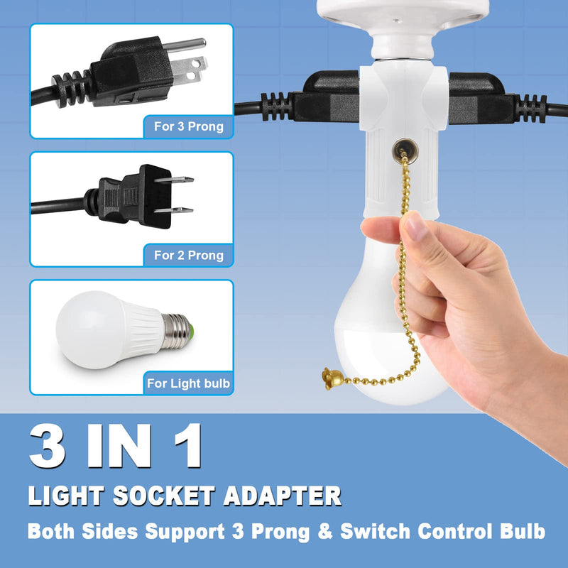Light Socket to Plug Adapter, (2 Pack) Both Sides 3 Prong Light Bulb Outlet Socket Adapter, Heat-Resistant Materials Light Socket Adapter, Light Bulb Plug Adapter for Expansion Socket - White 2
