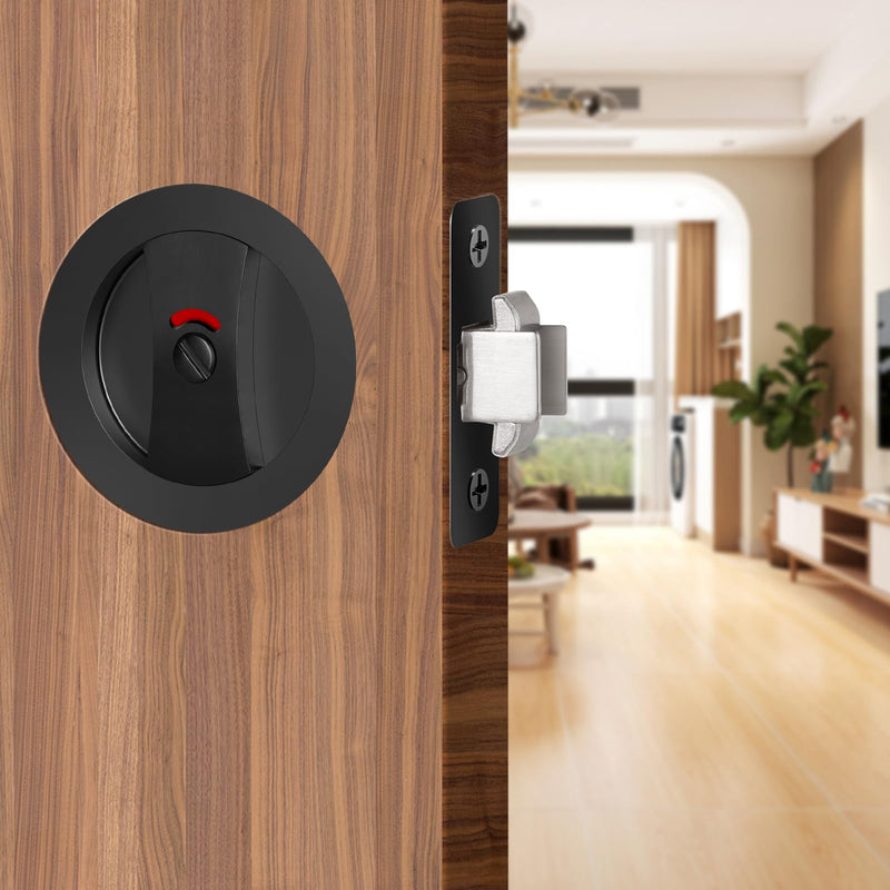 Matte Black Pocket Door Hardware with Indicator, Contemporary Privacy Round Pocket Door Lock, Heavy Duty Flush Pocket Door Hardware for Bathroom, 2-3/8" Backset, Matte Black Privacy with Indicator