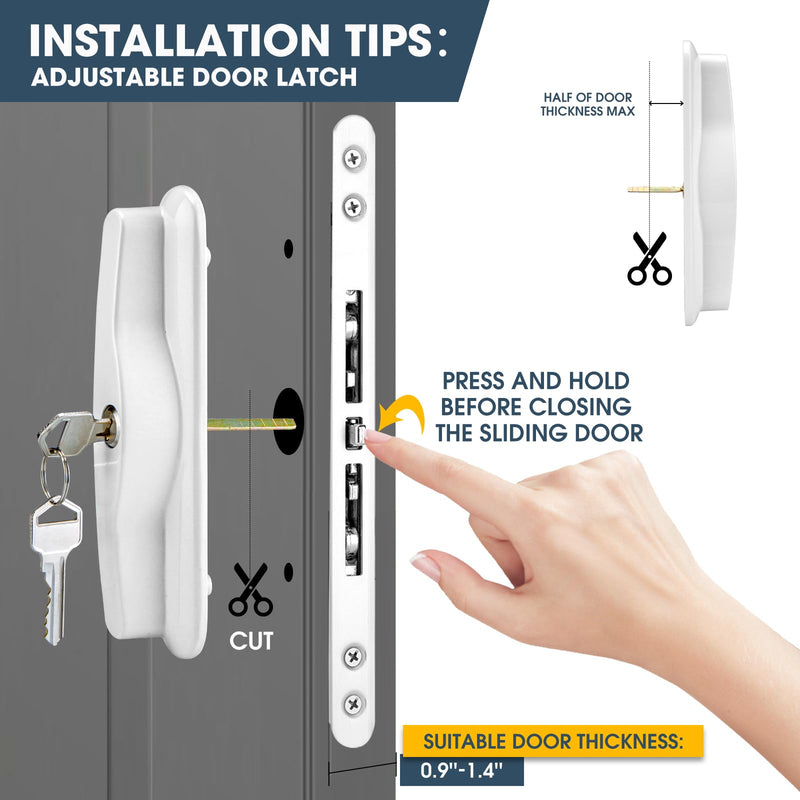 Patio Sliding Door Handle Set with Mortise Lock，Fits Sliding Glass Door Thicknesse is 1-1/2'' to 2'' and 4-15/16'' Screw Hole Spacing, with Door Keeper and 2 Keys （White）