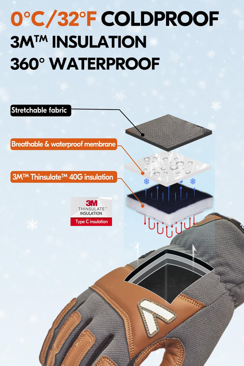 Vgo... Men's Winter Work Gloves,Waterproof Lining,Thorn Proof Safety Gloves,Touchscreen Compatible Medium Light Gray