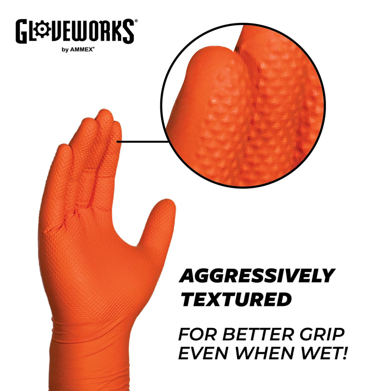GLOVEWORKS HD Orange Nitrile Gloves, 8 mil Nitrile Disposable Gloves with Raised Diamond Texture, Mechanic Gloves Disposable X-Large (Pack of 100) Box of 100