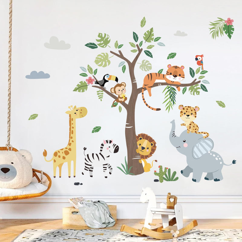 decalmile Jungle Animals Tree Wall Decals Elephant Giraffe Lion Safari Wall Stickers Baby Nursery Kids Bedroom Living Room Wall Decor C