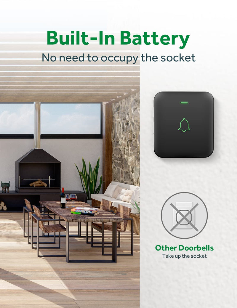 AVANTEK Wireless Door Bell, BA-11 Waterproof Battery Operated Doorbell Chime Operating at 1000 Feet, Portable Door Chime kit with 52 Melodies, 5 Volume Levels, and CD Quality Sound Black