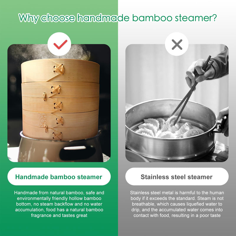 Small Bamboo Steamer for Steamed Buns, Bamboo Steamer 6 inch to 8 inch，2-Tier Bamboo Steamer Basket, Used for Steaming Buns, Rice, Dumplings, Vegetable Steamer Basket (Natural Bamboo) (7" Bamboo Steamer) 7" Bamboo Steamer