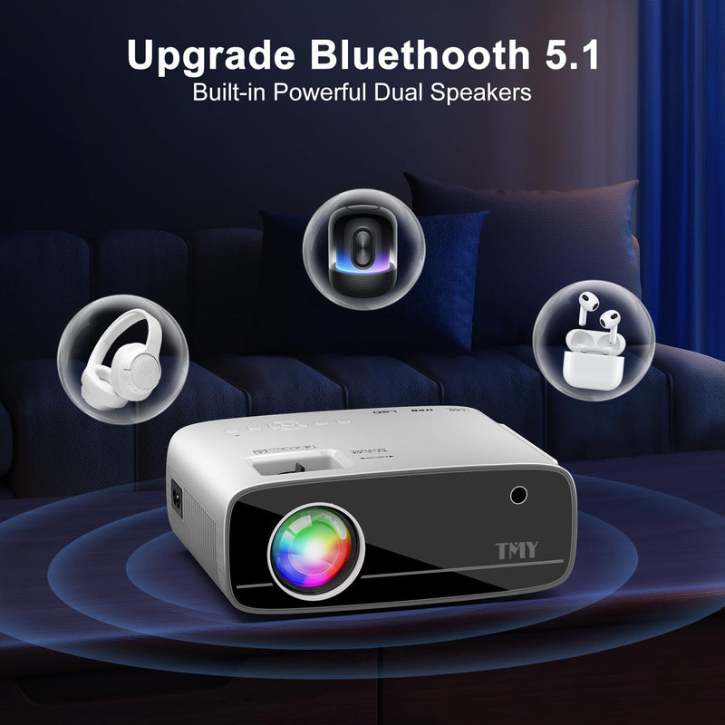 TMY Projector with WiFi and Bluetooth, Native 1080P Mini Projector, Portable Projector wirh 50% Zoom, Compatible with TV Stick/Phone/PC/DVD/HDMI/USB/TF, Movie Projector for Home Bedroom manual focus
