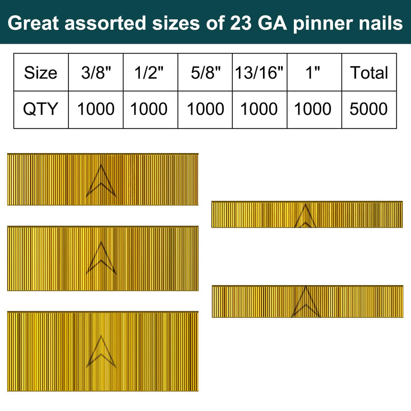 23 Gauge Pin Nails (1",13/16",5/8",1/2",3/8") 5000 pcs Headless Pinner Nails for 23 GA Pneumatic or Electric Pinner or Pin Nail Gun, Ideal for Fine Woodworking or Trim Work