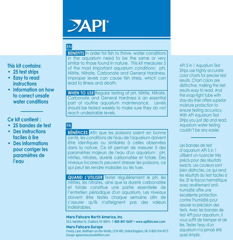 API 5-in-1 Test Strips Freshwater and Saltwater Aquarium Test Strips 25-Count Box Aquarium Water Testing