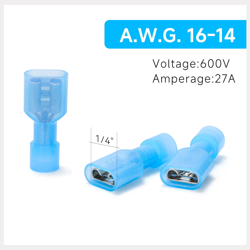 200PCS Nylon Female Spade Connector Kit - Blue 16-14 AWG - Quick Disconnect Electrical Wire Connectors - Tinned Copper Insulated Terminals for Automotive Electronics Crimp