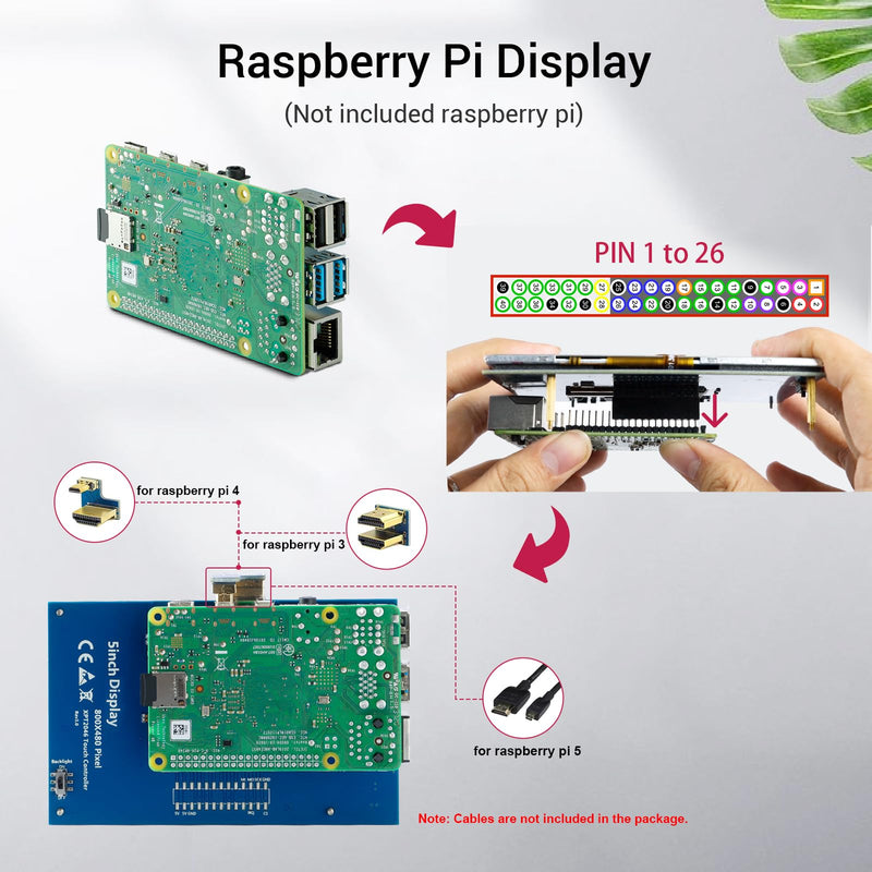 ELECROW 5 Inch Touchscreen for Raspberry Pi Screen 800x480 TFT LCD Screen Monitor Compatible with Raspberry Pi 5 4 3 Black Banana Pi Jetson Nano Windows 11 10 8 7