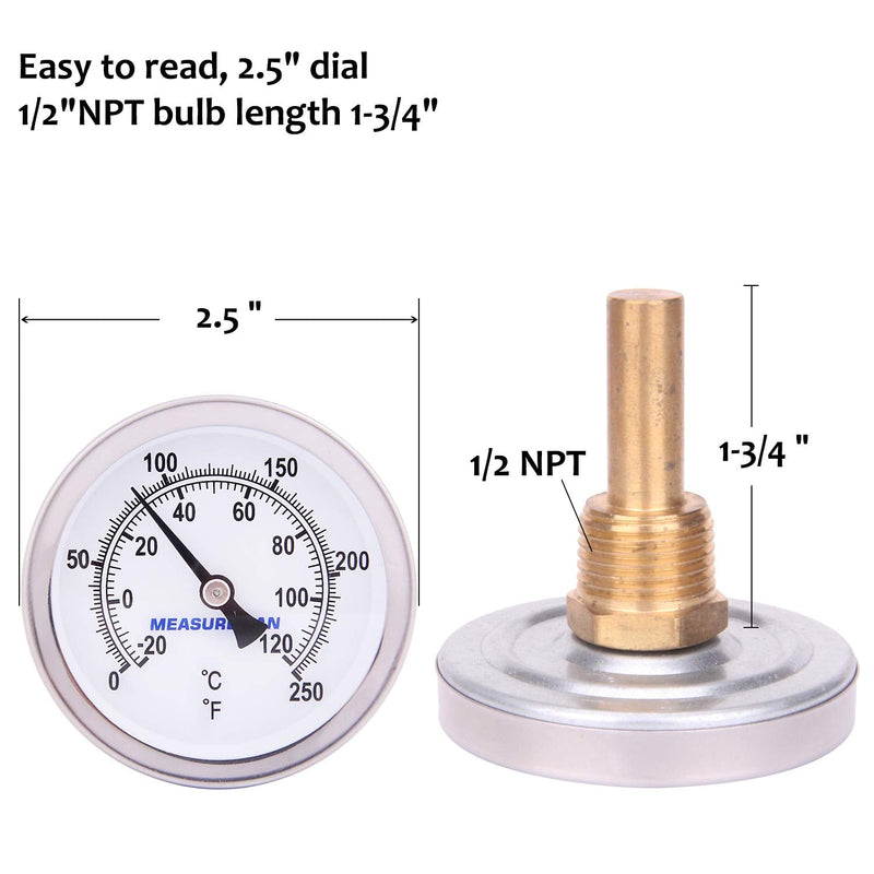 MEASUREMAN Hot Water Bi-Metal Thermometer, 2-1/2" Dial, 1-3/4" Lead-Free Brass Stem, Range 0-250 deg F/-20-120 deg C, 2% Accuracy, Adjustable, 1/2" NPT Back Mount 1-3/4" Stem