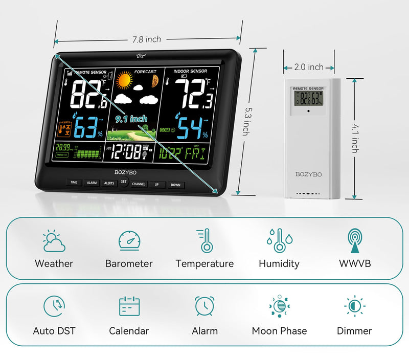 Weather Station Wireless Indoor Outdoor Thermometer: BOZYBO Digital Atomic Clock with Indoor/Outdoor Temp, Temperature Gauge Weather Clock with Calendar and Adjustable Backlight KA003