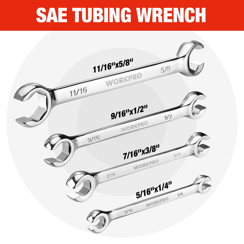 WORKPRO 4-Piece Flare Nut Wrench Set, SAE Brake Line Wrenches, 1/4", 5/16", 3/8", 7/16", 1/2", 9/16", 5/8", 11/16", Cr-V Steel, 15° Offset Head Tubing Wrench, Organizer Pouch Included