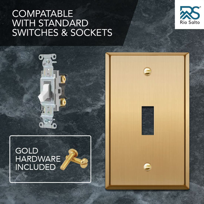 Rio Salto BRASS Metal Gold Toggle Light Switch Cover Wall Plate Single Toggle Switch Wallplate Decorative Gold 1 Gang Wall Switch Plate Covers Hardware Included Brushed Brass - Standard Size Toggle Switch 1-Gang (1-Pack)