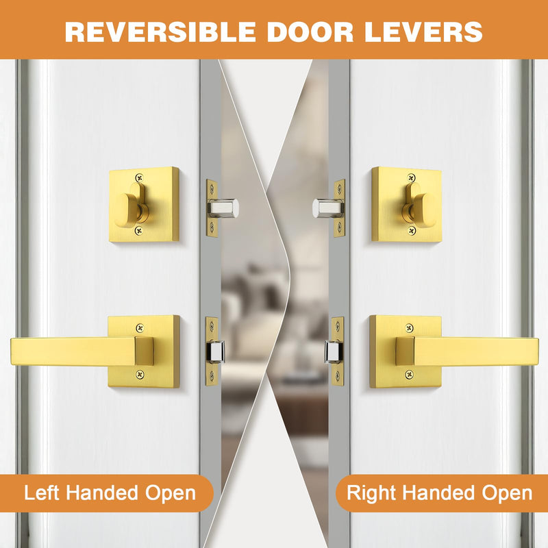 Probrico Keyed Alike Brushed Gold Exterior Door Locksets Square, Satin Brass Front Door Passage Handle and Single Cylinder Deadbolt Set, 1Pack 1