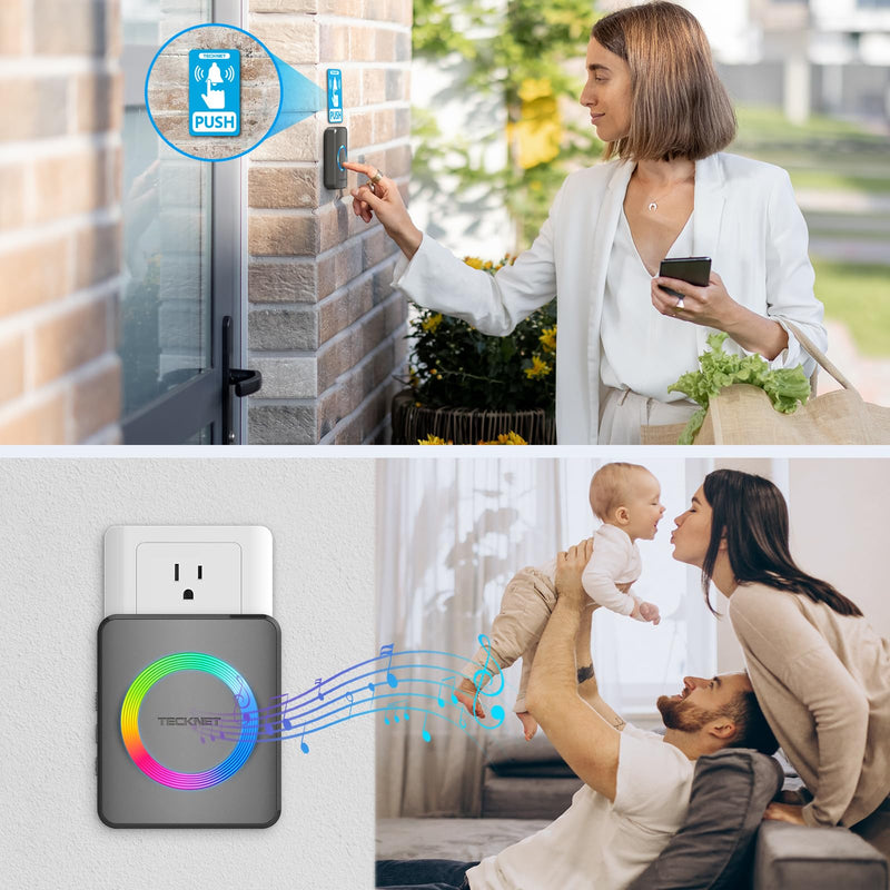 TECKNET Wireless Doorbells for Home, IP65 Waterproof 1,970Ft 120dB Door Bell Ringer Wireless for Classroom with 60 Chimes & 5 Volume Levels, RGB Flash Tarnish