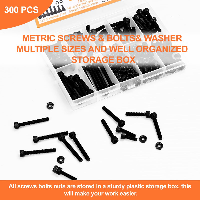 300pcs M4 Screw Kit, Premium M4 Hex Socket Head Cap Screw Assortment with Nuts and Washers, M4 x 6mm /8mm /10mm /12mm /16mm /20mm /25mm /30mm (Black)