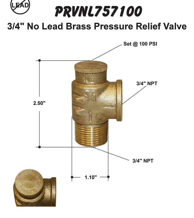 Merrill MFG 3/4" Lead-Free Brass Pressure Relief Valve – 100 PSI Water System Safety Valve, NPT Thread, Durable Corrosion-Resistant Design for Well, Plumbing & Irrigation Systems