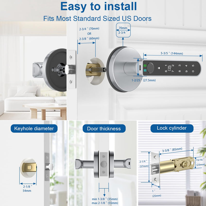 Fingerprint Door Lock, Finger Print Door Knobs Thumbprint Door Knob with App Control/Fingerprints/IC Cards/Codes/Keys, Smart Lock for Bedroom Home Apartment Grey