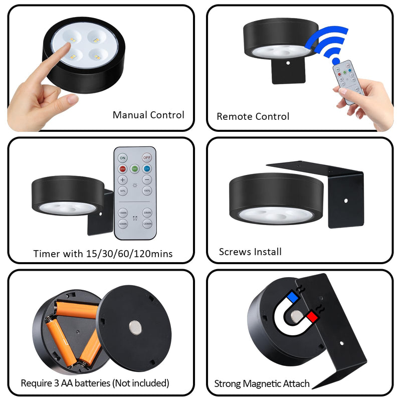 3Pcs Battery Operated Picture Light, Magnetic Painting Light with Remote, Dimmable Timer Art Display Light with 3 Light Modes for Dartboard Frame Picture Portrait,Wireless Wall Decor Puck Lights Black