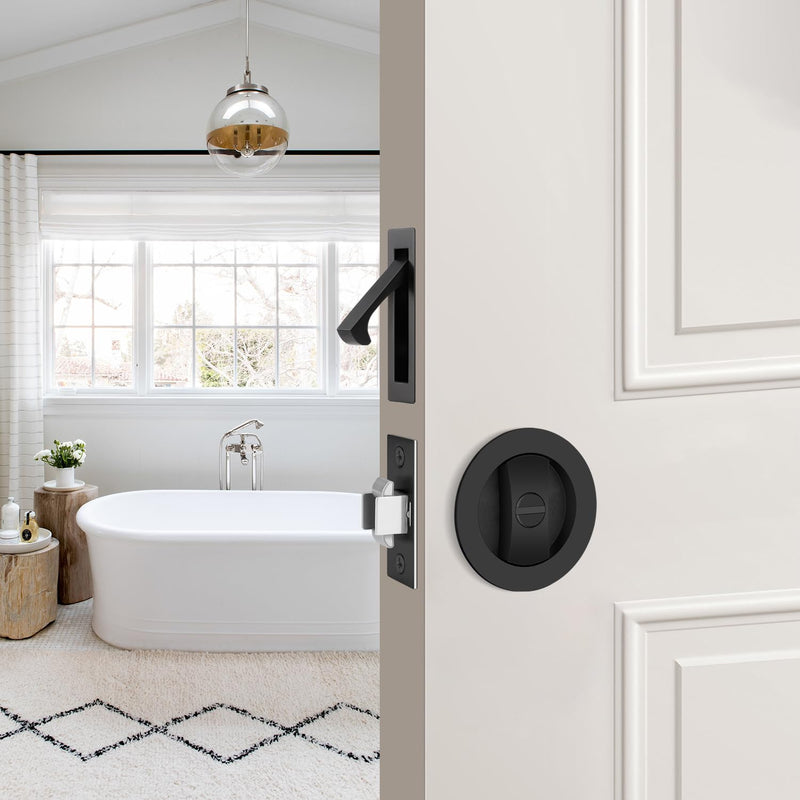 1 Pack Matte Black Pocket Door Lock, Keyless Privacy Pocket Door Hardware for Bedroom Bathroom, Sliding Pocket Door Handle with Edge Pull, Reversible for Left/Right Doors Round - 1 Pack Privacy + PLB