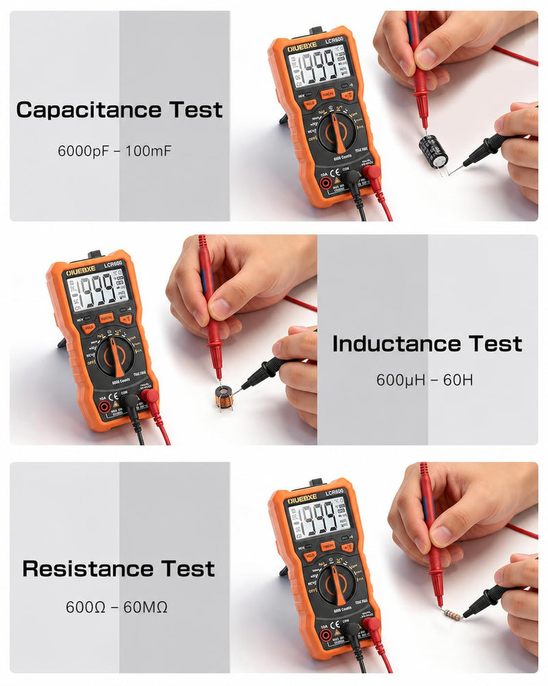 LCR600 Fast Testing Digital Multimeter with Inductance Meter, Auto-Ranging LCR Tester for DIY Electronics, AC/DC Voltage Current, Resistance, Capacitance, Frequency,Temperature