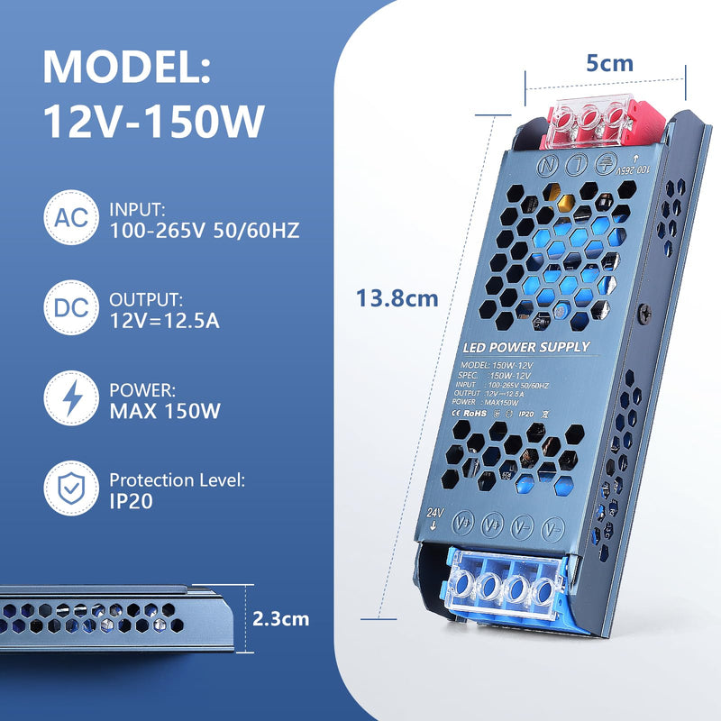 12V 150W LED Power Supply, Ultra Slim LED Transformer 100-265V AC to 12V DC 12.5A Quiet Low Volt LED Driver Constant Voltage Driver Adapter for LED Strip Lights, Garden Light, Wall Lamp 12V 150W