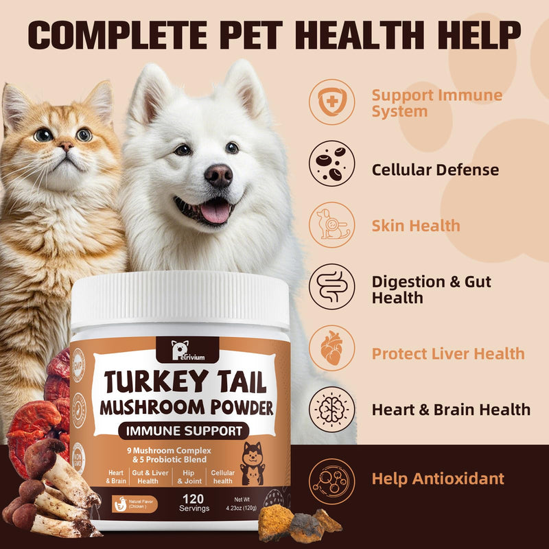 Mushroom Supplement with Probiotics for Dogs & Cats, Turkey Tail Mushroom for Pets - Mushroom Powder for Immune Boost & Overall Health- Partner Guard for Dogs Lumps and Bumps 1-Pack