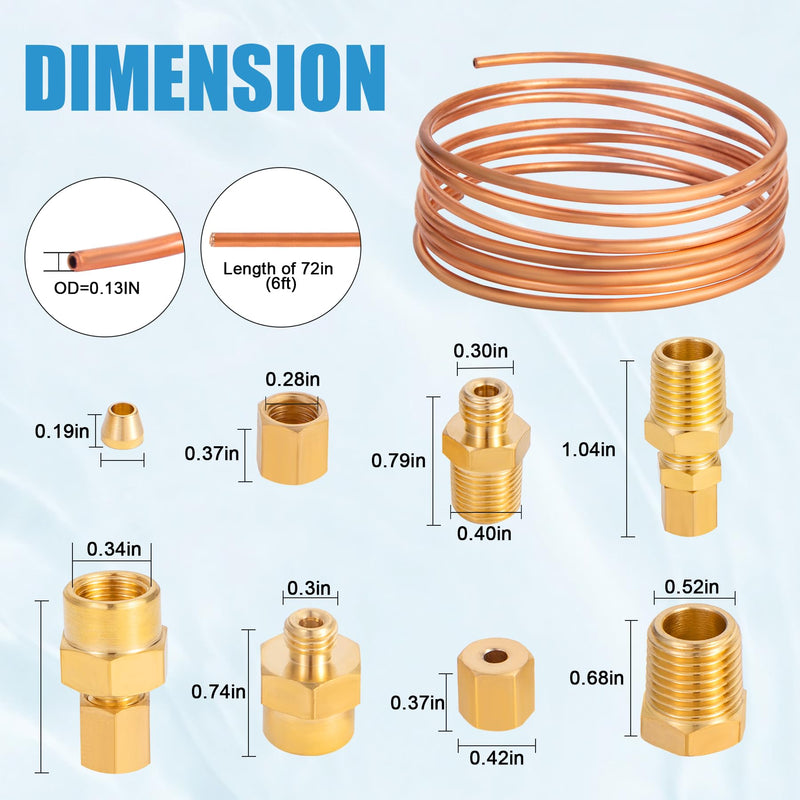 72'' Oil Pressure Gauge Tubing Kit, Set of Copper Tube with1/4'' x1/8'' NPT,1/8'' NPT Male x1/8'' OD and 1/8'' NPT Female x1/8'' OD Threaded Brass Parts 72'' Oil Pressure Gauge Tubing Kit