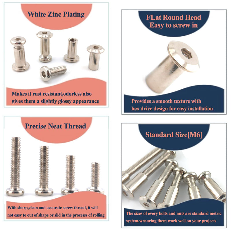 M6 Hex Drive Socket Cap Bolts Screws Kit, 30-Sets Binding Post Screws Socket Cover Connecting Bolt Fixing Post Screw for Furniture Chair Crib Table Cabinets,M6x16mm/ 20mm/ 25mm/ 30mm/ 40mm/ 50mm Silver Silver-6sizes-35sets