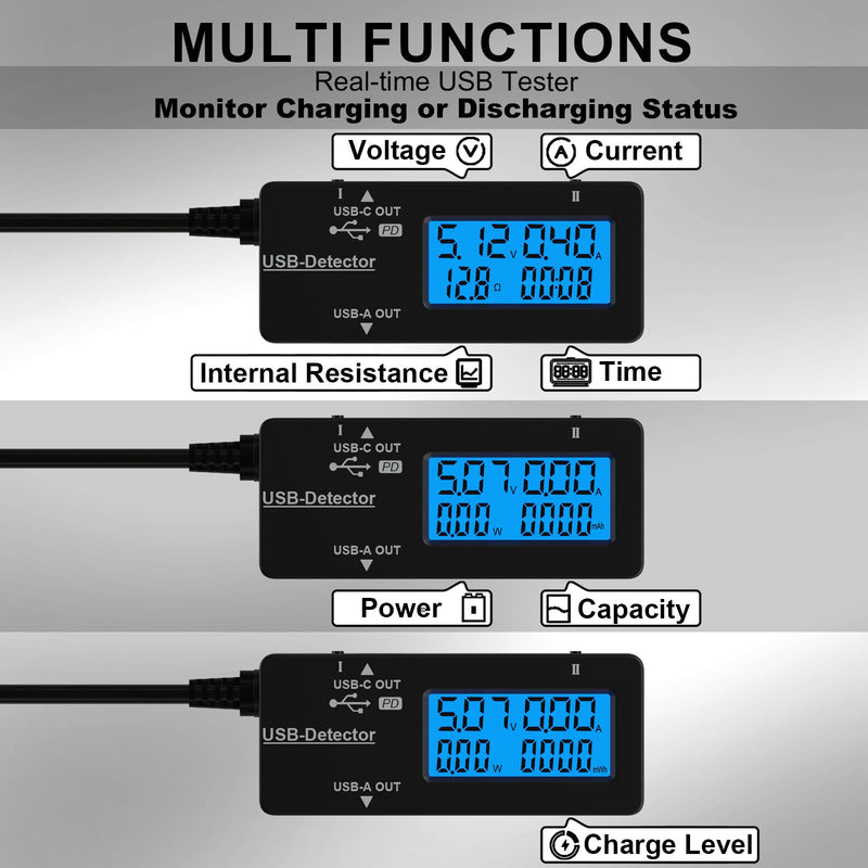 DROK Variable Backlight USB Tester, LCD Display USB C & A Multi Meter, Voltmeter Amp Power Meter Battery Capacity Tester Internal Resistance Battery Level Indicator for Laptop Tablet Phone Power Bank USB A&USB C Black 1