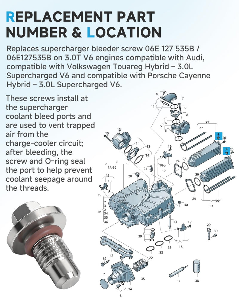 2Pack Stainless Steel Supercharger Bleeder Screw Kit,Compatible with Audi A6 A7 A8 Q5 Q7 S4 S5 SQ5 and Compatible with Volkswagen Touareg 3.0 V6,Replaces 06E 127 535B,Includes 4 FKM O-Rings