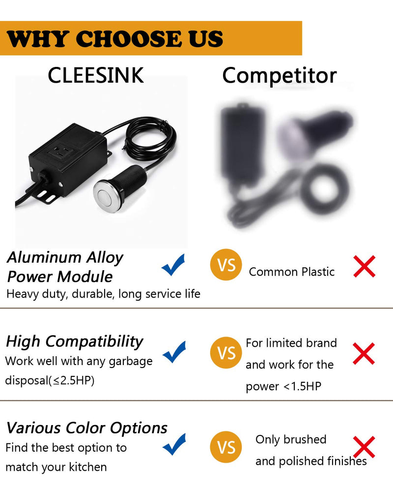 Garbage Disposal Air Switch Kit, Sink Top Waste Disposer On/Off Circuit Close with Aluminum Alloy Power Module (LONG BRUSHED NICKEL STAINLESS STEEL BUTTON) by CLEESINK Brushed Stainless Steel LONG/2.5"