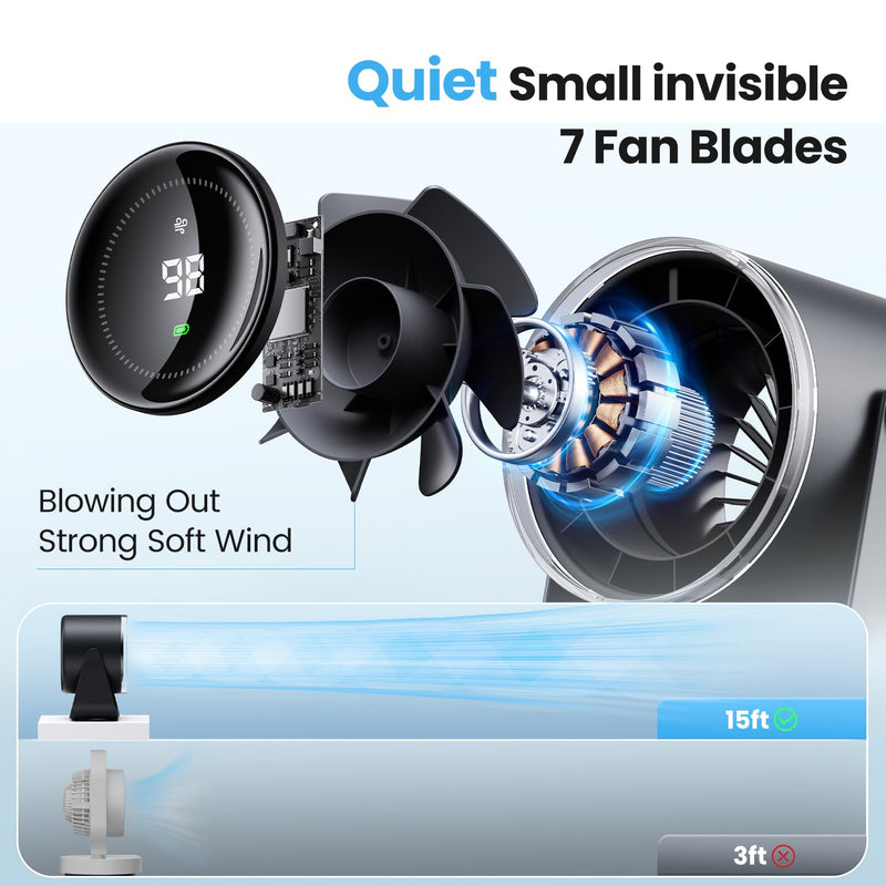 WSKEN Desk Fan with Battery Operated, Quiet Digital Display Portable Fan for Office, Bedroom, Kitchen, Home, Outdoor, 100 Speeds 115° Tilt Small Travel Camping Table Fan,Bluish Black Bluish Black