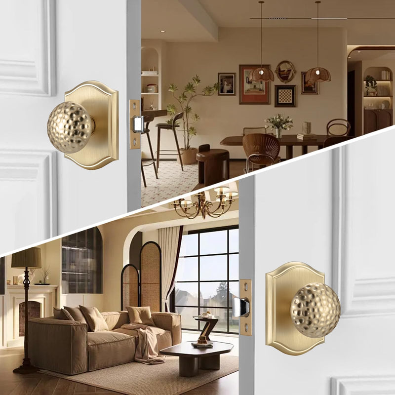 Interior Door Knobs with Camelot Trim, Satin Brass Door Knob with Lock,Door Handles for Bath & Bed Classic