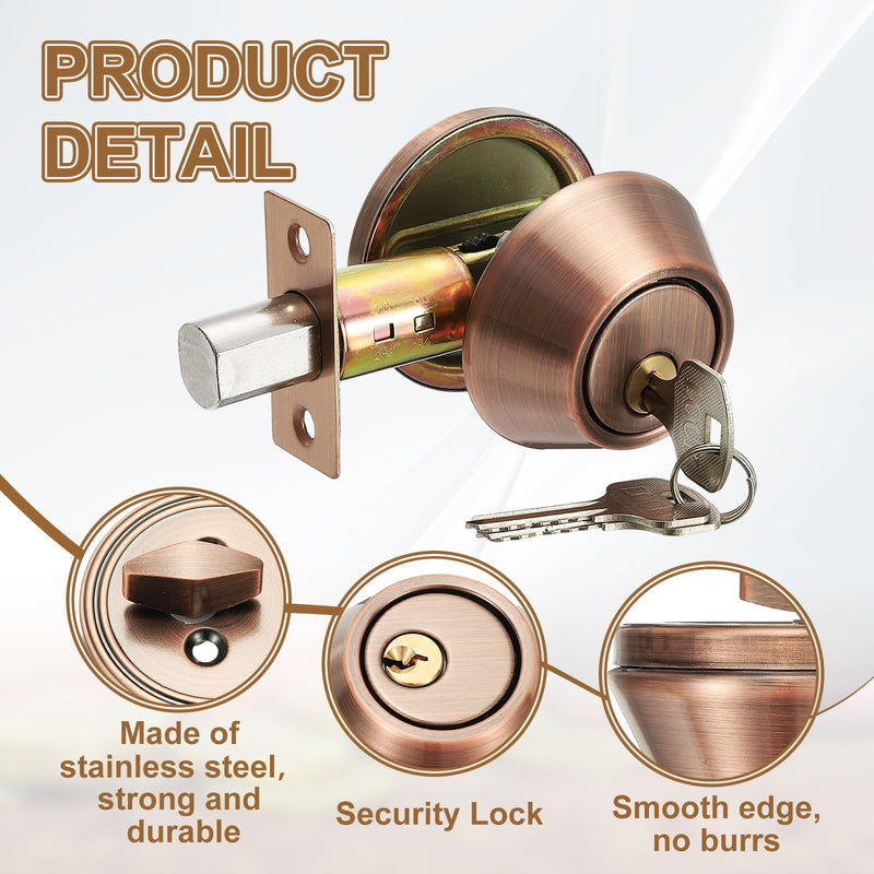 MECCANIXITY Keyed Alike Single Cylinder Deadbolt Door Lock Round Entry Front Door Handle Sets for Door Thickness 1.2-2 Inch (Red Bronze, Pack of 3) Red Bronze