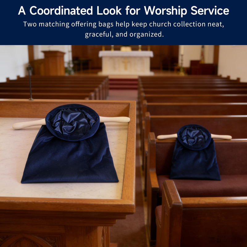 2 Pack Royal Blue Church Offering Bags with Wooden Handles, Velvet Tithe Collection Bags with Neat Open Shape and Lined Interior for Worship Service and Church Giving