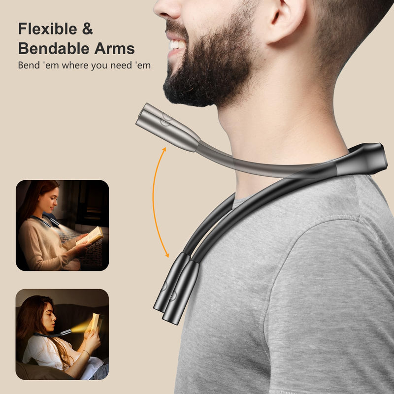 Gritin LED Neck Reading Light,Book Light for Reading in Bed-Eye Caring 3 Colors, Dimmable Brightness, Bendable Arms, 80+Hrs Runtime, Neck Round Design, Comfortable &Lightweight for Crafting, Knitting Black