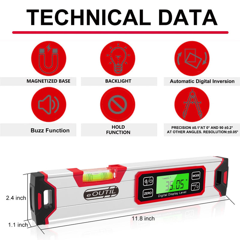 Digital Level and Protractor, 12 Inch IP54 Protected Electronic Bubble Inclinometer Angle Finder with Large LED Backlight and Magnetized V-Groove Base（Red） Red