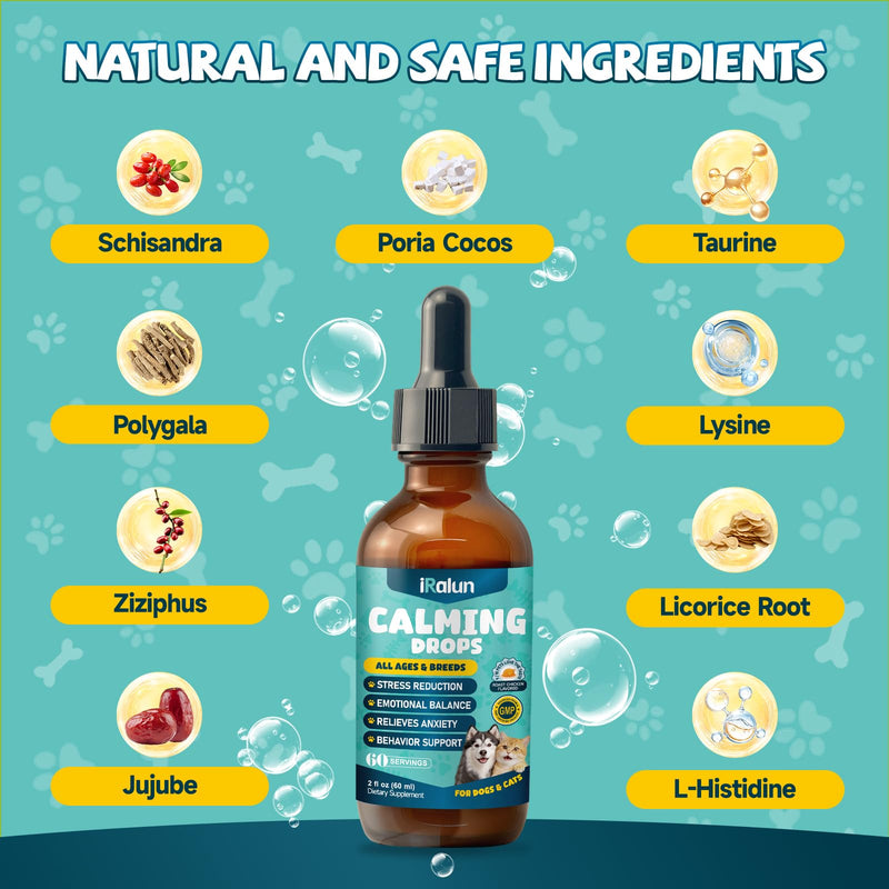 2 Pack Calming Drops for Dogs & Cats - Cat Calming Treats for Anxiety Relief, Relaxation, Sleep Aid + L-Lysine Supplement for Cats - Immune Support Lysine Drops of All Ages