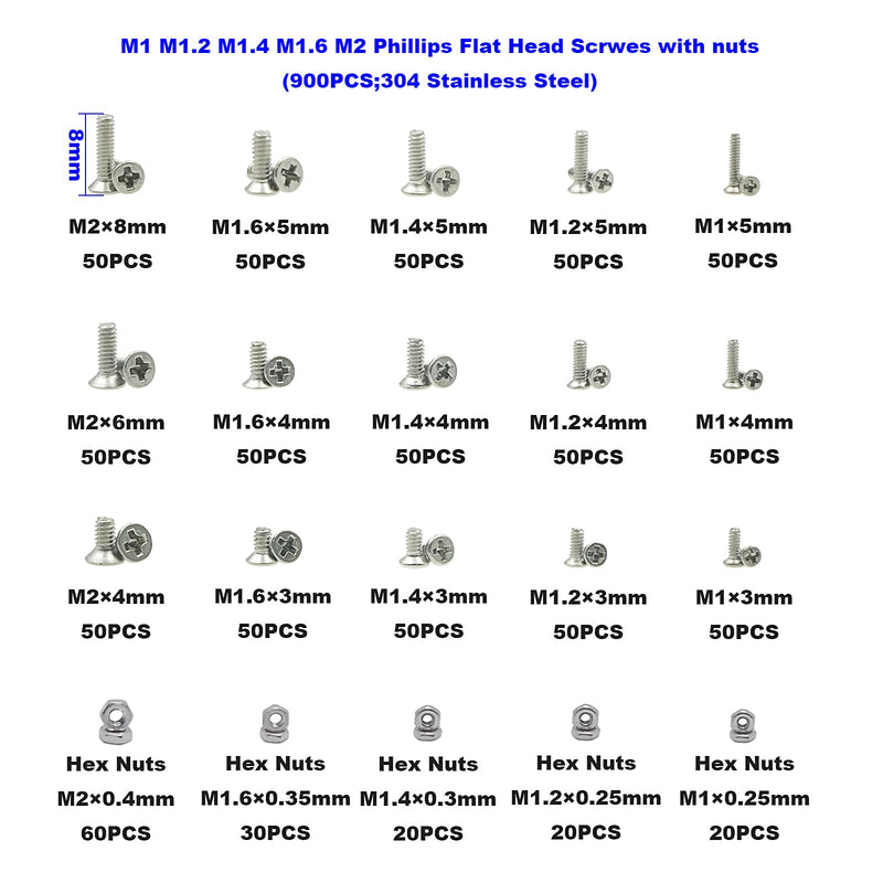 Metric 900PCS Metric M1 M1.2 M1.4 M1.6 M2 Phillips Countersunk/Flat Head Stainless Steel Tiny Machine Screws Nuts Assortment Kit M1M1.2M1.4M1.6M2